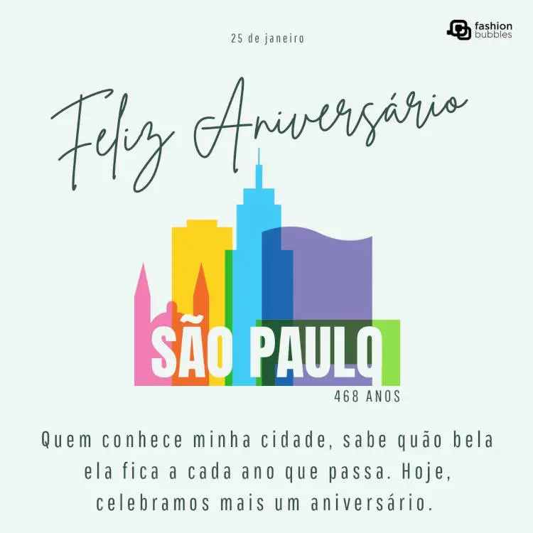 Cartão virtual de fundo verde com desenho de prédios coloridos e frase: Quem conhece minha cidade, sabe quão bela ela fica a cada ano que passa. Hoje, celebramos mais um aniversário. Feliz aniversário, São Paulo!