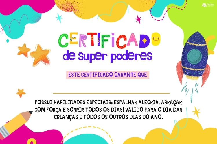Cartão de fundo branco com desenhos coloridos como certificado de super poderes
