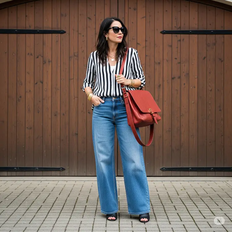 Uma mulher estilosa posa em frente a uma porta de madeira, usando uma camisa listrada preta e branca, jeans de pernas largas e sapatos peep toe pretos. Ela complementa o look com óculos de sol, joias douradas e uma bolsa de ombro cor de vinho.







