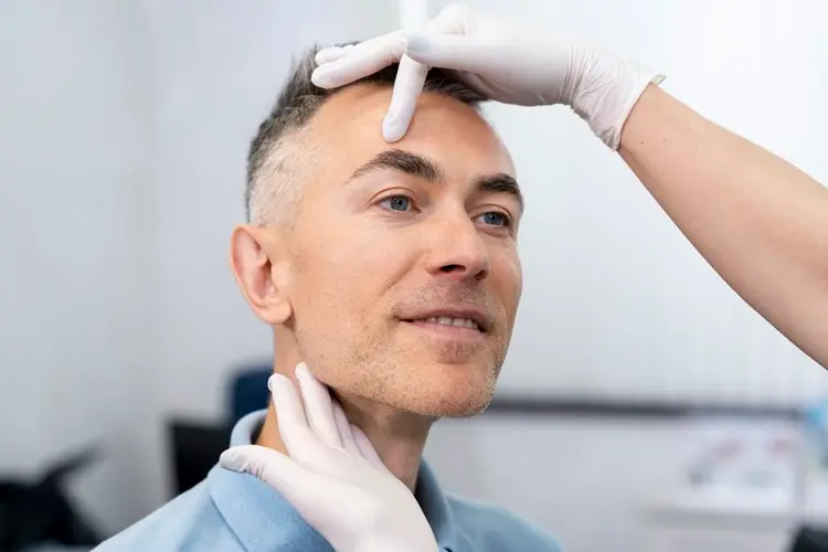 Imagem de uma pessoa homem recebendo um procedimento de Blefaroplastia. A pessoa está usando uma bata médica azul e está sentada em uma cadeira médica. Um profissional médico está usando luvas e está segurando a cabeça da pessoa.