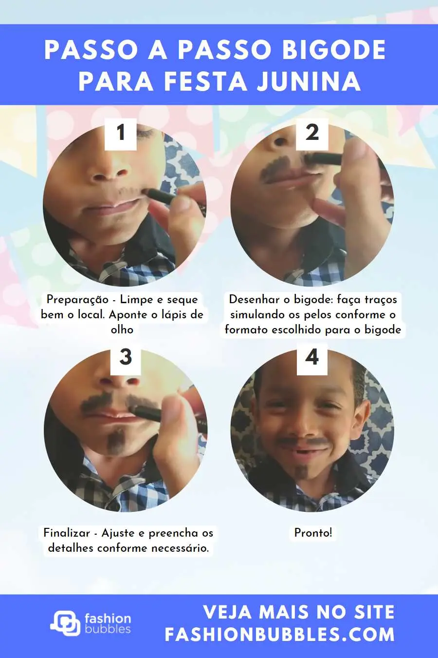 Montagem com 4 passos de como fazer bigode para festa junina