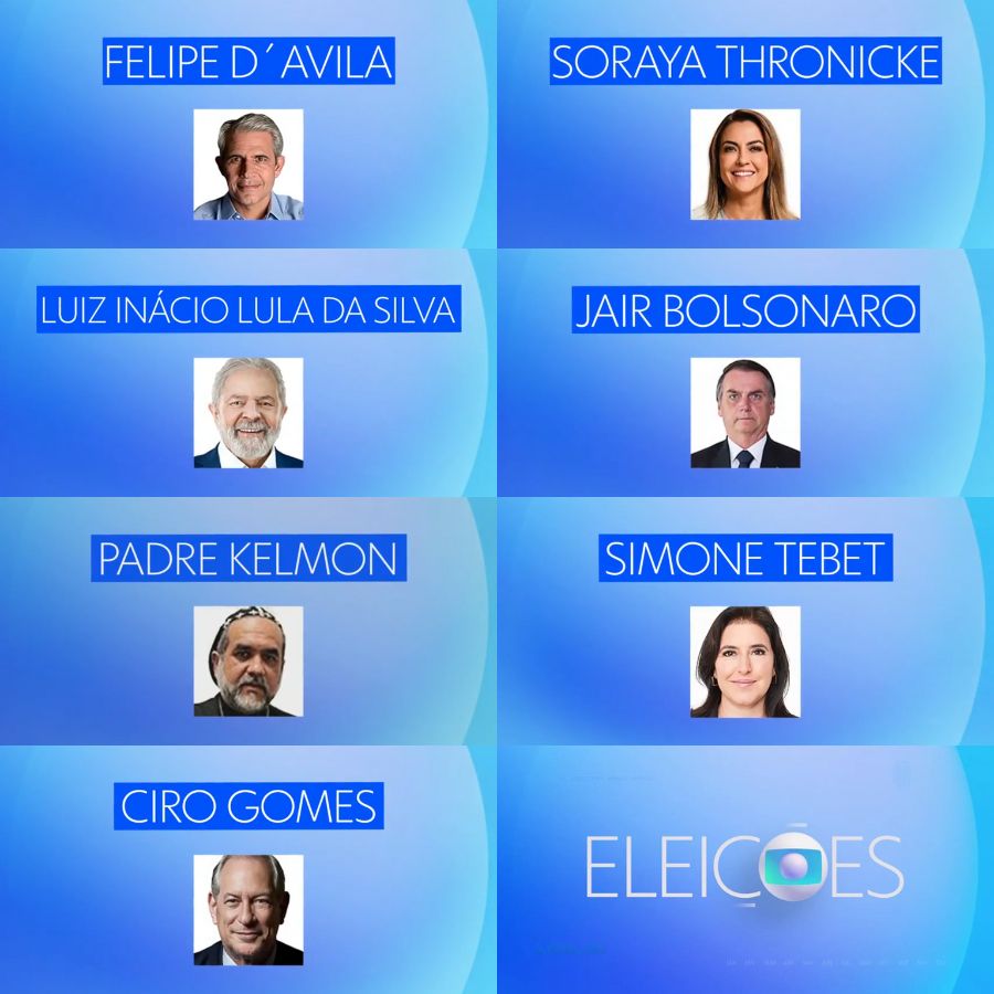 Montagem com foto e nome de D’Ávila, Lula, Padre Kelmon, Simone Tebet, Soraya, Bolsonaro e Ciro.