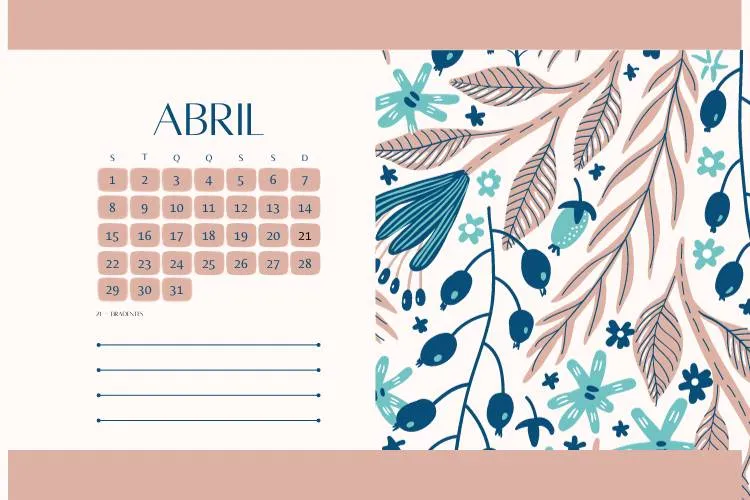 Calendário de abril 2024 floral em tons de azul e rosa.