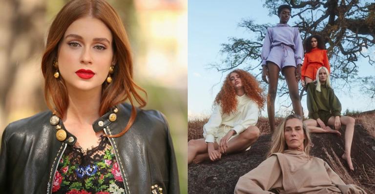 Duas fotos: a primeira aparece a atriz Marina Ruy Barbosa com jaqueta de couro e camiseta floral e depois modelos usando as peças da marca dela, Ginger Marina Ruy Barbosa cria marca e peças esgotam em 12h