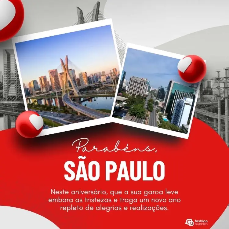 Foto de ponte de São Paulo ao fundo, polaroids com foto da cidade e espaço vermelho com frase: Neste aniversário, São Paulo, que a sua garoa leve embora as tristezas e traga um novo ano repleto de alegrias e realizações.