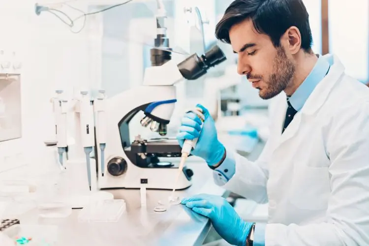 Médico de pele clara usando jaleco e luvas azuis separando óvulos ao lado de microscópio