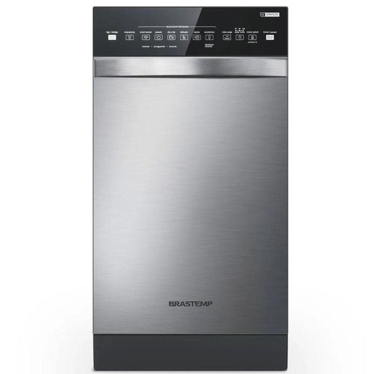 Lava-louças Brastemp 10 serviços alta, em inox com pé e painel pretos