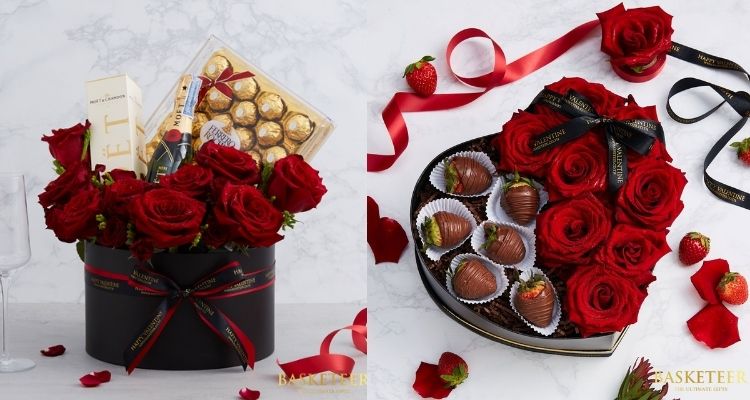 Duas cestas com rosas vermelhas e doces
