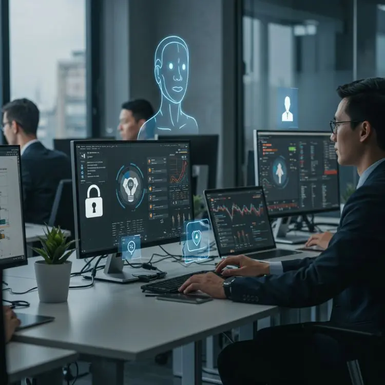 A imagem exibe um ambiente de escritório moderno, onde um homem de óculos trabalha em múltiplos monitores com ícones de segurança e gráficos. Elementos holográficos de IA e proteção de dados flutuam, destacando as tendências tecnológicas em cibersegurança e inteligência artificial.

