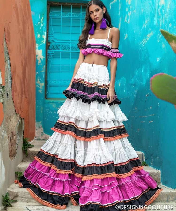 Uma modelo posa com um top cropped e uma saia longa em camadas. O top tem babados e alças finas. A saia apresenta camadas de branco, preto, laranja, roxo e rosa, adornadas com franjas e babados, em um fundo azul-petróleo. Fontes