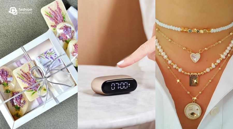 Montagem com 3 opções de presentes até R$ 30,00 para amigo ladrão: kit sabonetes de lavanda, despertador moderno e escapulários.