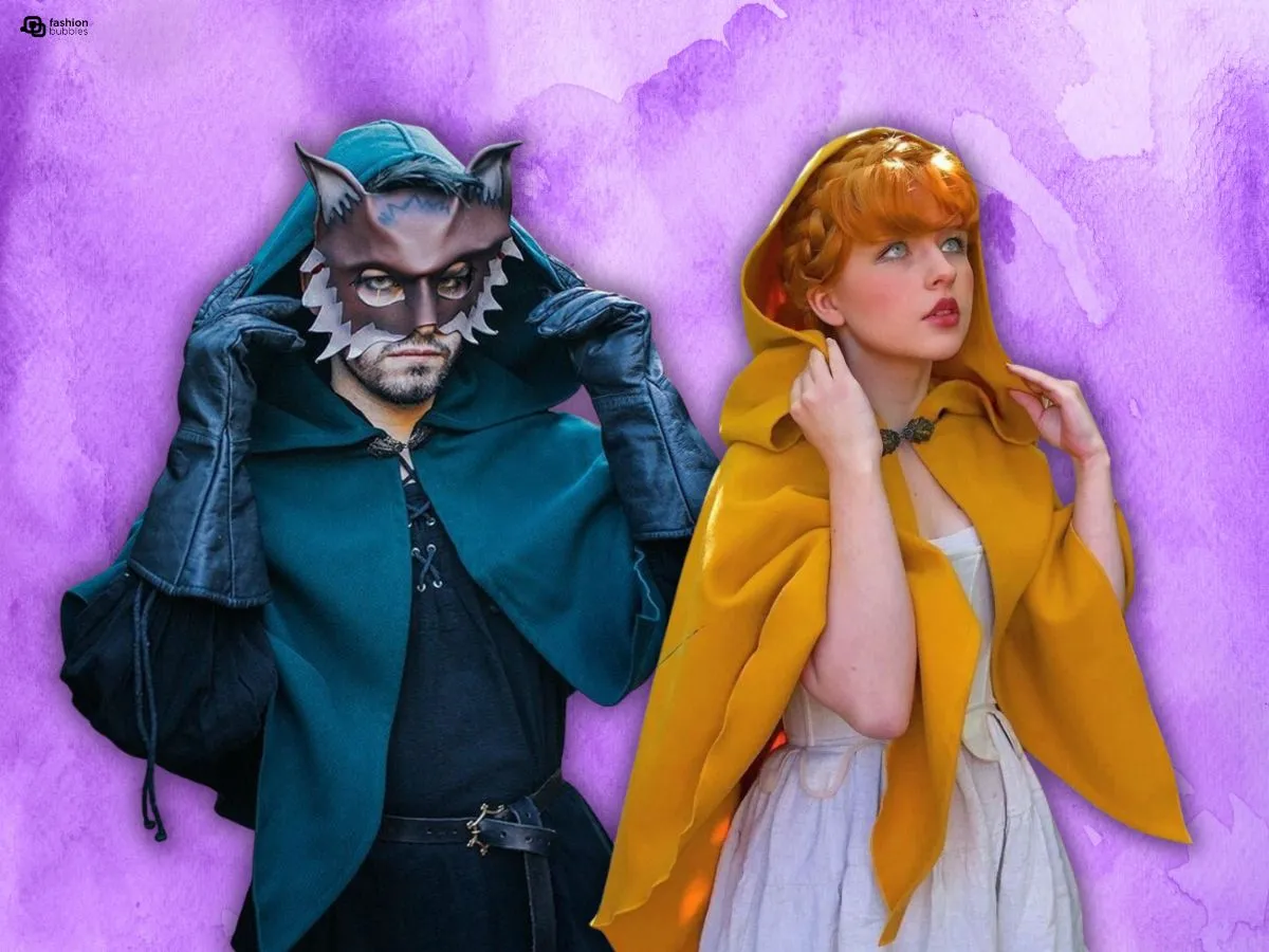 Homem e mulher fantasiados, usando capas de Halloween. Fundo roxo.