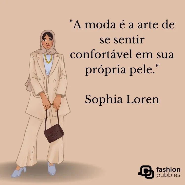 uma ilustração de uma mulher usando um terno e um hijab acompanhando uma frase sobre moda