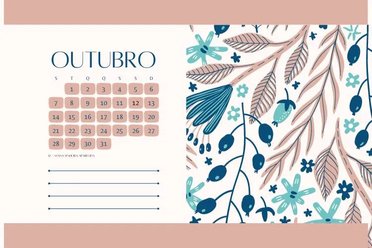 Calendário floral em rosa e azul de outubro de 2024