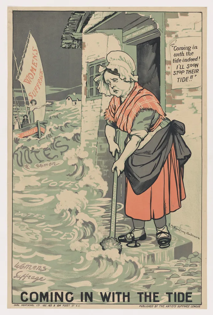 Poster do movimento sufragista americano, onde se vê um barco com mulheres sufragistas vindo em direção de mulher antiga tentando barrar a "onda sufragista". Poster do movimento sufragista, onde se vê um barco com mulheres sufragistas vindo em direção de mulher antiga tentando barrar a "onda sufragista".
