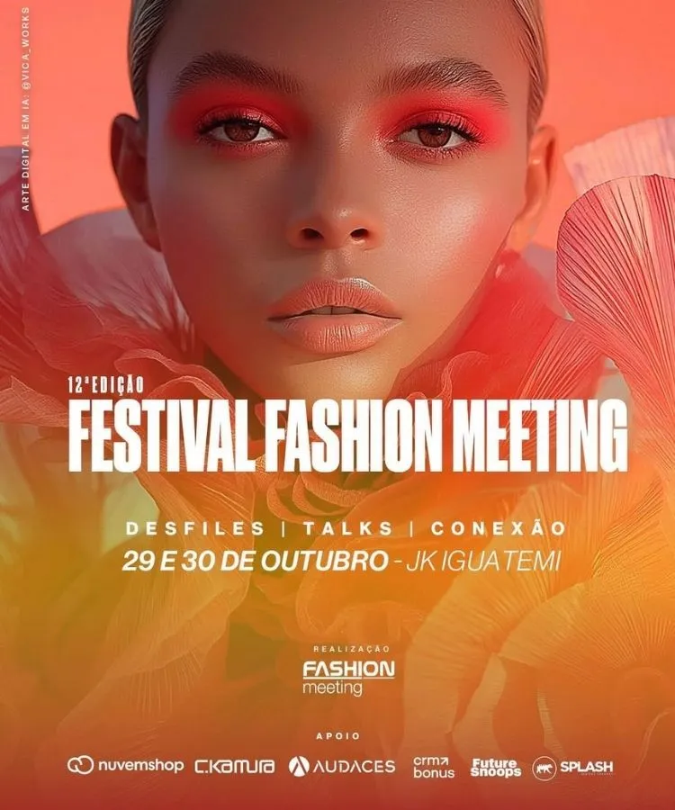 Mulher usando maquiagem e look laranjas em foto de divulgação do 12º Festival Fashion Meeting