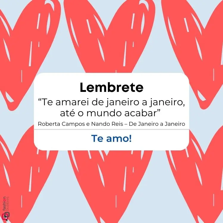 Cartão virtual de fundo azul com corações rosas e frase “Te amarei de janeiro a janeiro, até o mundo acabar” 