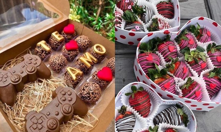 Duas cestas, uma com bombons e chocolate em formato de controle de vídeo game e outra com morangos e chocolate