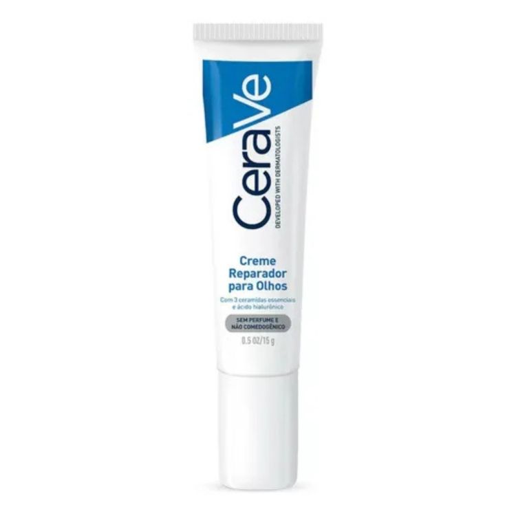 Tubo vertical do Creme Reparador para Olhos CeraVe. A embalagem branca com detalhes em azul e a tampa branca exibe o nome da marca, "CeraVe", e "Creme Reparador para Olhos", destacando a presença de ceramidas e ácido hialurônico, além de ser sem perfume e não comedogênico.

