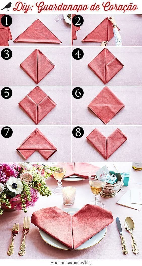 Jantar romantico Como fazer um origami de coraçao com guardanapo