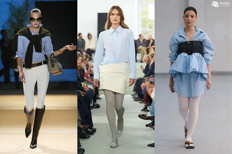 Modelos na passarela usando camisa azul, uma das tendências da Semana de Moda de Milão Primavera Verão 2027