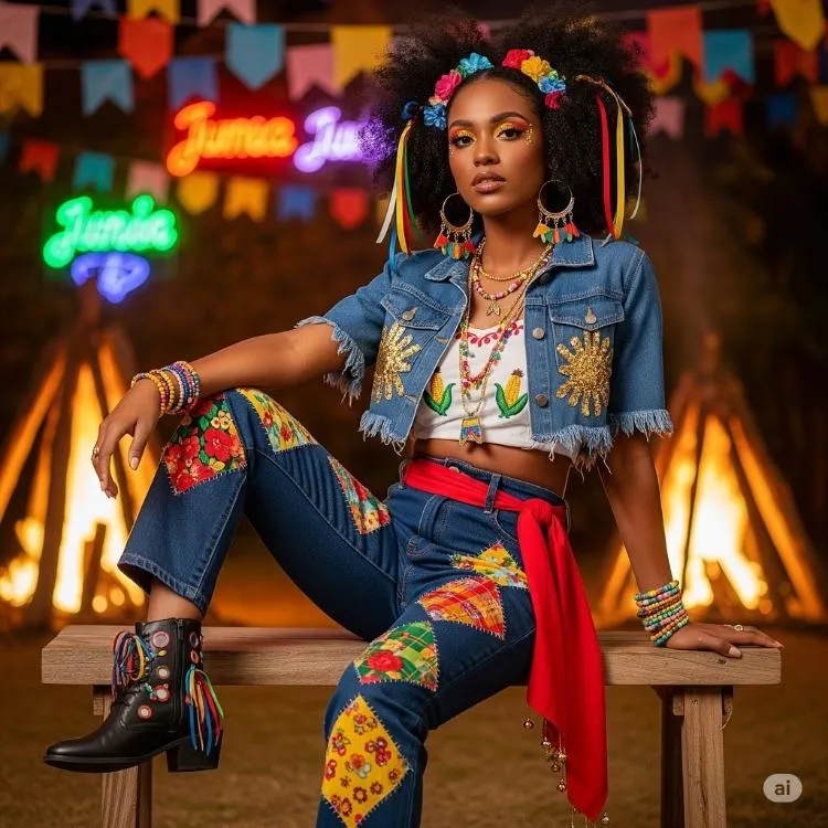 Uma jovem mulher com cabelo afro volumoso e maquiagem vibrante está sentada em um banco de madeira em um ambiente festivo. Ela veste uma jaqueta jeans curta com detalhes dourados, um top branco com desenhos de milho, calças jeans com aplicações coloridas e uma faixa vermelha na cintura. Ela usa diversos acessórios, incluindo pulseiras, colares e brincos longos. Ao fundo, vêem-se fogueiras, luzes coloridas e decorações típicas de festa junina, como bandeirolas com a inscrição "Junina Ju".

