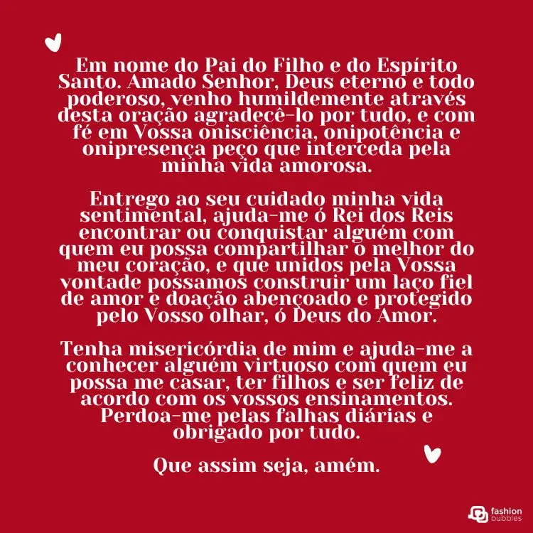 A imagem possui fundo vermelho com texto branco em formato de oração. A mensagem pede a Deus ajuda na vida amorosa, busca por um relacionamento abençoado e virtudes, além de perdão e gratidão. Contém pequenos ícones de coração.