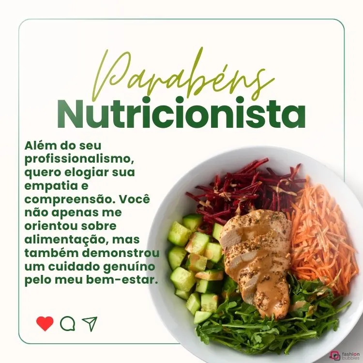 Cartão virtual de fundo bege com desenho de prato com salada e frango, além de frase "Além do seu profissionalismo, quero elogiar sua empatia e sua compreensão. Você não apenas me orientou sobre alimentação, mas também demonstrou um cuidado genuíno pelo meu bem-estar."