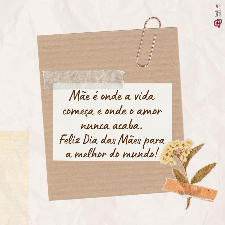cartão virtual com fundo cinza e desenho de papelão com frase "Mãe é onde a vida começa e onde o amor nunca acaba. Feliz Dia das Mães para a melhor do mundo!"