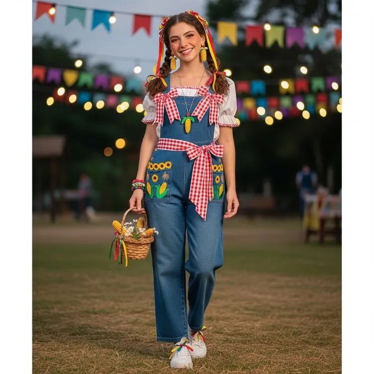 Uma jovem mulher sorridente, possivelmente brasileira dada a atmosfera festiva, está vestida com um macacão jeans decorado com girassóis e milhos, sobre uma blusa branca com mangas bufantes e detalhes xadrez vermelhos. Ela usa um laço xadrez na cintura, fitas coloridas no cabelo e brincos temáticos. A mulher segura uma cesta de palha com espigas de milho. O fundo mostra uma área gramada com luzes de festa e bandeirolas coloridas.

