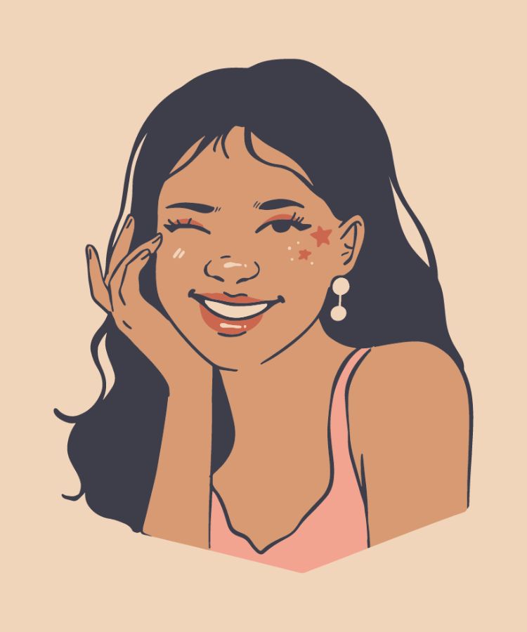 Desenho digital de menina piscando um olho e com pele radiante