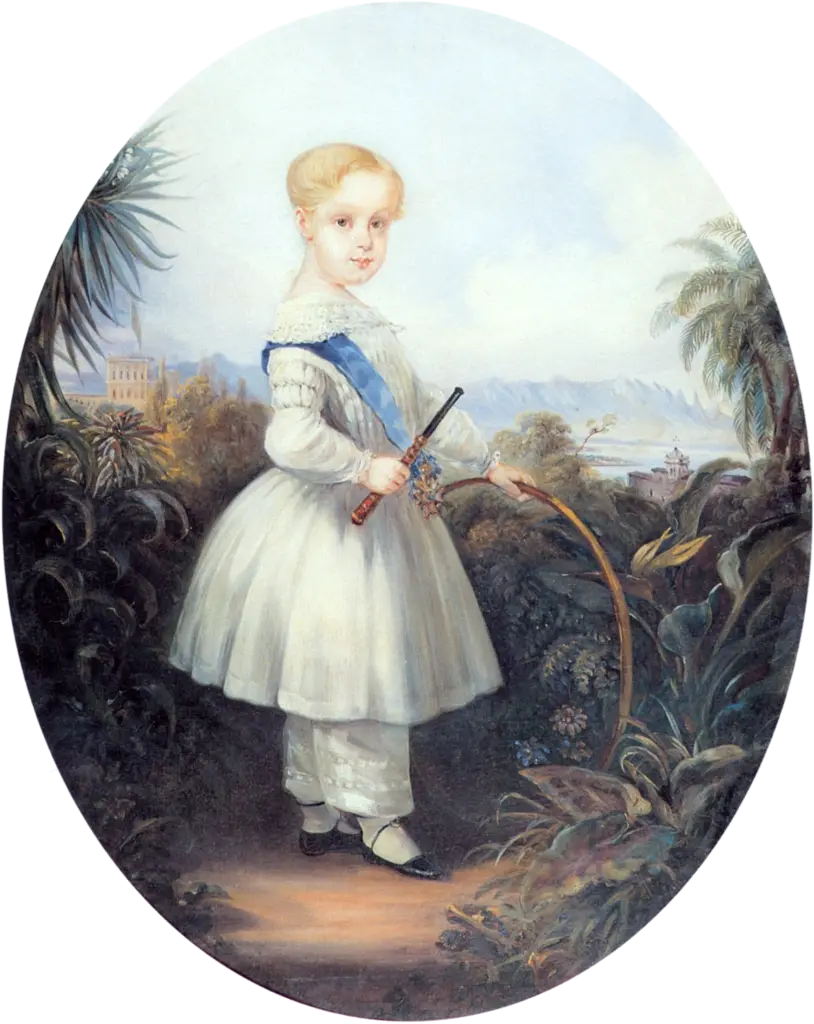Pintura de Afonso, Príncipe Imperial do Brasil, filho mais velho de D. Pedro II, posando com um vestido branco, calças curtas brancas e um faixa azul Pintura de Johann Moritz Rugendas de Afonso, Príncipe Imperial do Brasil, filho mais velho de D. Pedro II, com a roupa infantil da época.