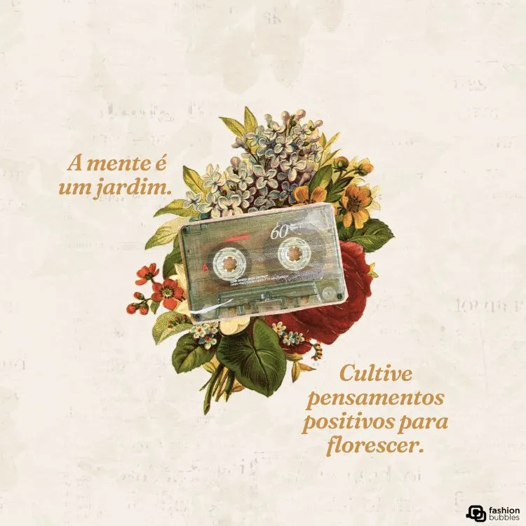 Cartão virtual de fundo bege com desenho de flores e fita cassete ao meio, com frase "A mente é um jardim. Cultive pensamentos positivos para florescer."