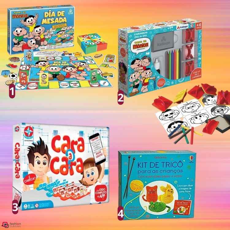 montagem  de fundo colorido com 4 brinquedos para o dia das crianças