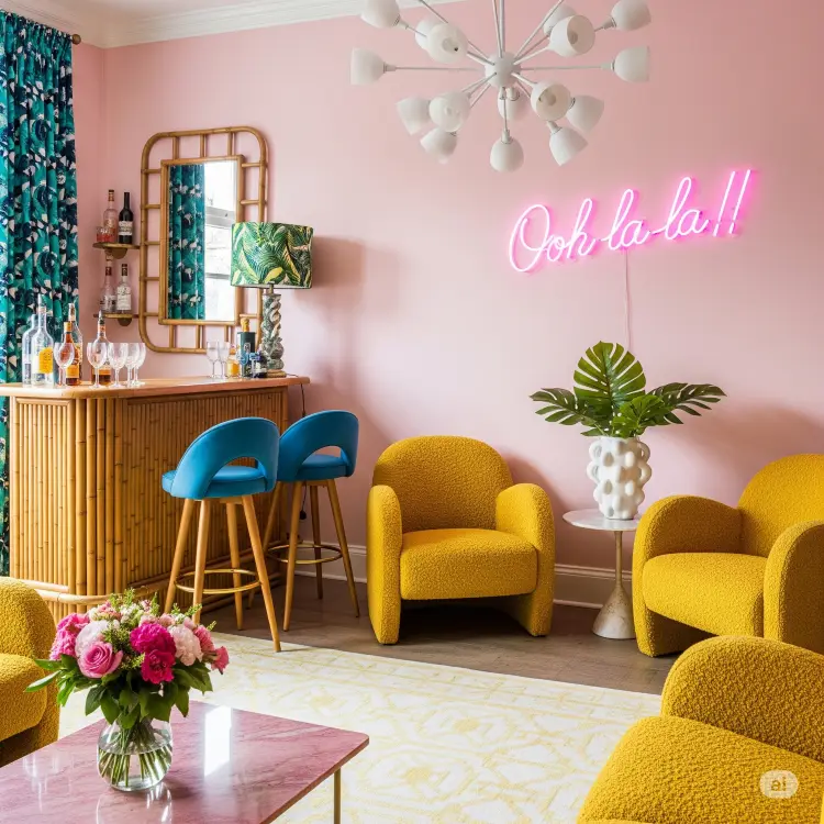 Uma sala de estar com paredes rosa. Um letreiro de neon rosa diz "Ooh la la!!". Há cadeiras amarelas estofadas, um balcão de bambu com banquetas azuis e uma mesa de mármore rosa com flores.