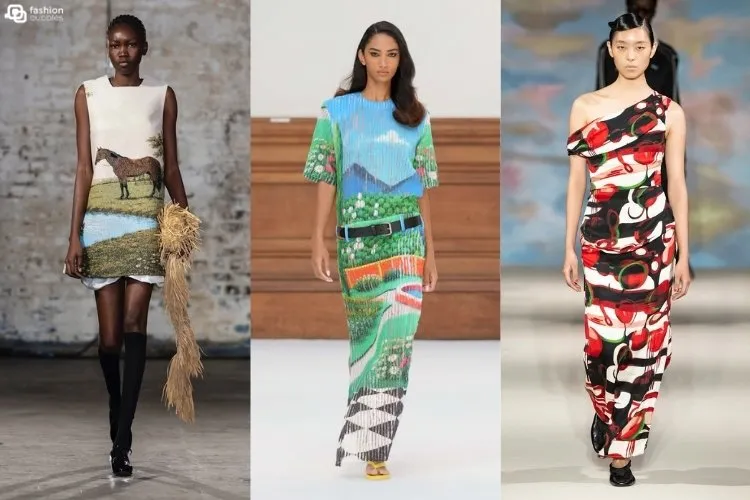 Modelos usando vestido que lembra pintura, uma das tendências da London Fashion Week Primavera Verão 2027