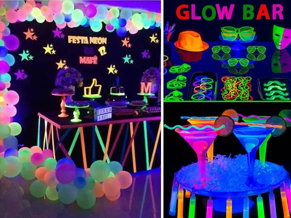 Colagem de fotos de decoração de festa neon para as crianças. 3 fotos de decoração de festa neon, com luz negra, bexigas, drinks não alcoolicos, doces e muito mais