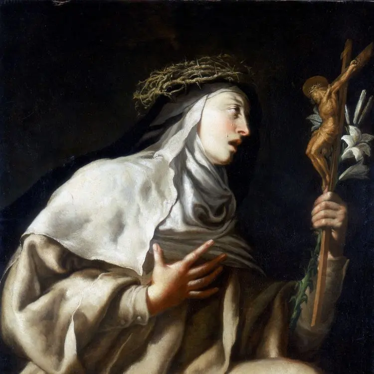 Pintura de Santa Teresa d'Ávila usando roupas claras e segurando uma cruz com Jesus
