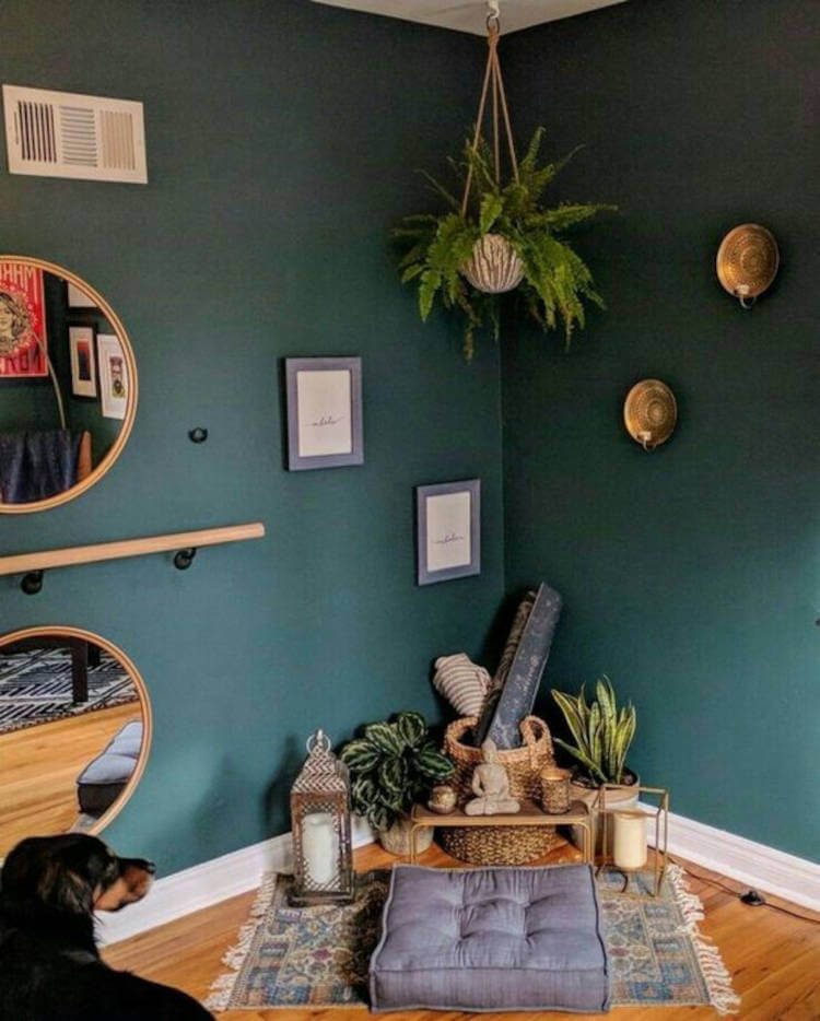 Cômodo verde com espelhos e cantinho zen, com cachorro, tapete colorido, espelho, almofada cinza, plantas, velas e enfeites