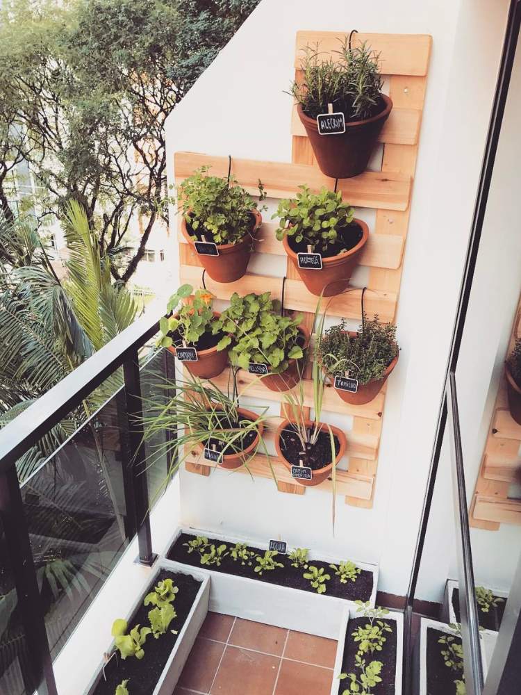 Horta vertical em painel de madeira na varanda