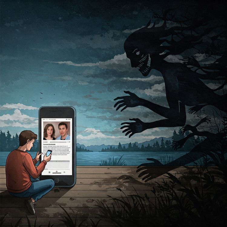 Desenho de pessoa mexendo no celular e monstro aparecendo