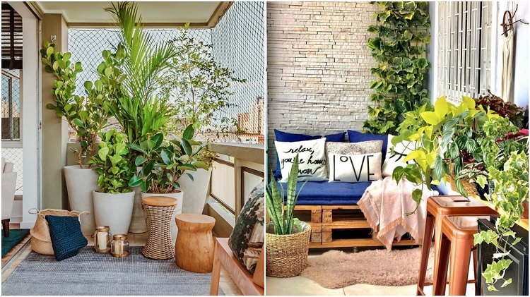 Montagem com duas fotos de sacadas com plantas: uma com vasos grandes brancos e bancos de madeira; outra com palet, almofadas, banquetas e vasos.