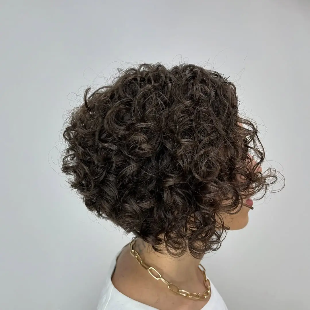 Uma mulher de perfil com um corte de cabelo bob cacheado volumoso, em tons de castanho escuro, contra um fundo branco. Os cachos são bem definidos e ela usa um colar dourado.