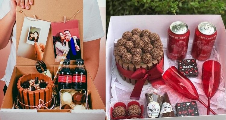 duas opções de festa na caixa com bolo e brigadeiro