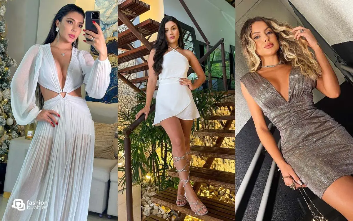 Foto de 3 ideias de looks para o Ano Novo: vestido transparente branco, vestido curto branco e vestido prata curto.