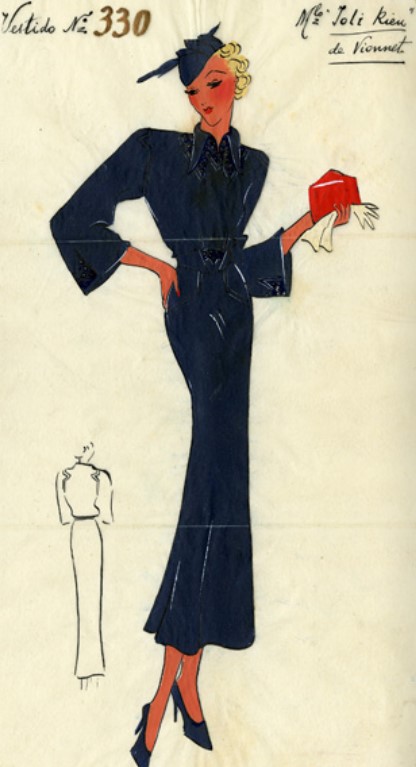 Ilustração de um vestido de Madeleine Vionnet, 1932-1934. Crédito: Museo del Traje de Barcelona.