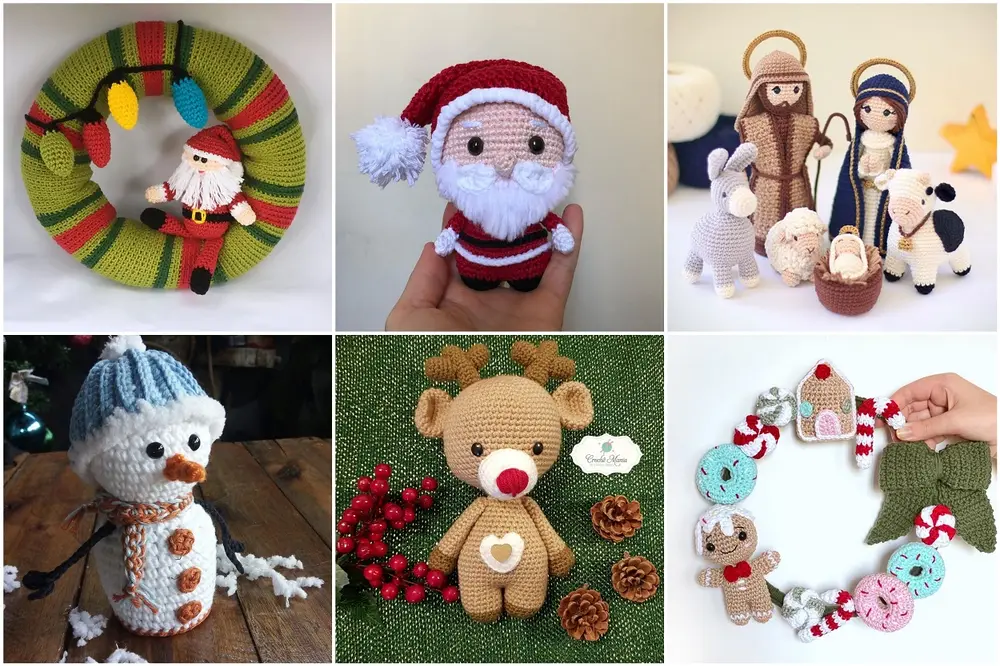 seis opções de trabalhos em amigurumi de Natal