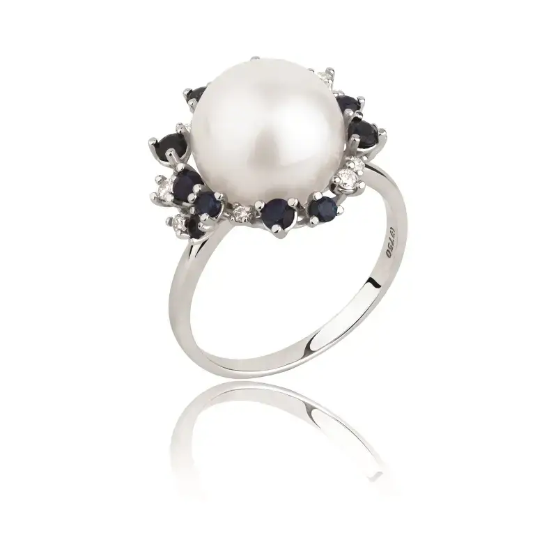 BRUNER_ ANEL EM OURO BRANCO COM DIAMANTES PEDRAS AZUIS E PEROLA