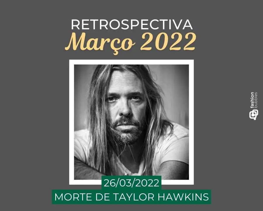 Imagem com fundo cinza, escrito de branco e amarelo "Retrospectiva março 2022 - 26/03/2022 - Morte de Taylor Hawkins". No centro, foto do baterista do Foo Fighters.