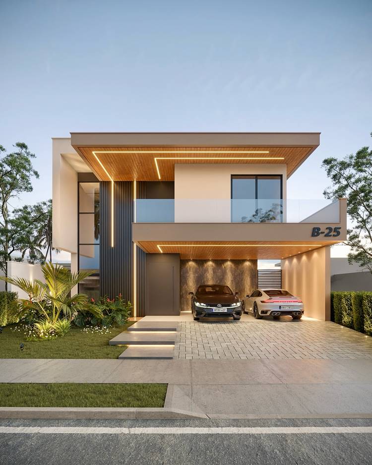 A imagem mostra uma casa moderna de dois andares, design limpo e cores neutras. Tem uma garagem aberta com dois carros. A fachada inclui superfícies lisas e texturizadas, combinando estética e funcionalidade. Há uma pequena área de jardim com várias plantas na frente da casa, adicionando verde à cena.